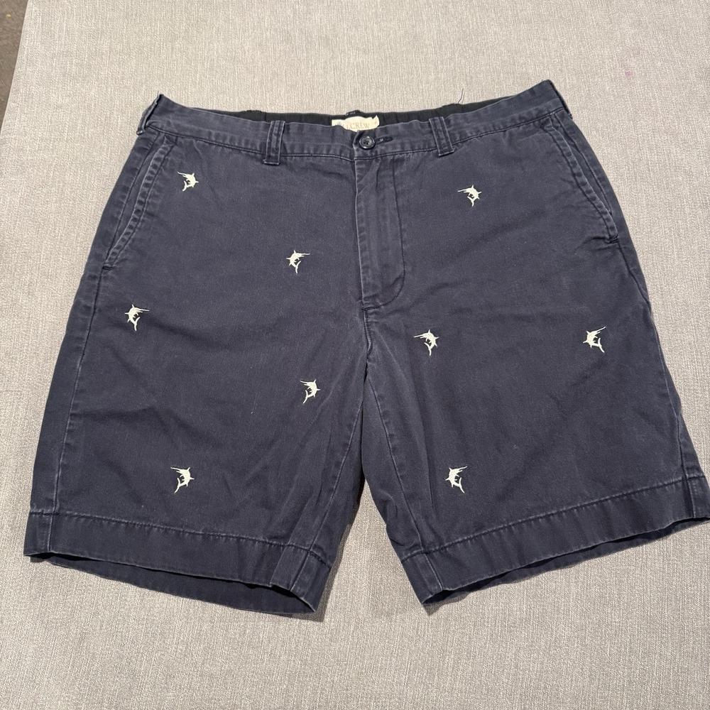 J CREW Gramercy Navy Blue Embroidered Shark Shorts Sz 35 Cotton Beach Fishing